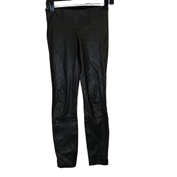 Theory Belisa L 100% Lambs Leather Black Pull On Skinny Pants Ankle Slits Sz‎ 00 - Picture 1 of 11